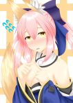  1girl animal_ears bare_shoulders blush bow breasts caster_(fate/extra) cleavage detached_sleeves fate/extra fate_(series) fox_ears fox_tail hair_bow hair_ribbon highres japanese_clothes open_mouth pink_hair ribbon solo sweatdrop tail totororo twintails yellow_eyes 