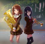  2girls black_hair black_legwear blurry blush bokeh brown_eyes brown_hair chalkboard depth_of_field euphonium hibike!_euphonium instrument kousaka_reina long_hair multiple_girls oumae_kumiko purple_hair school_uniform serafuku short_hair skirt standing thigh-highs torm819 trumpet wavy_hair white_legwear zettai_ryouiki 