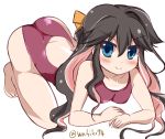  1girl all_fours ass black_hair blue_eyes competition_swimsuit kantai_collection long_hair multicolored_hair naganami_(kantai_collection) one-piece_swimsuit smile swimsuit testman two-tone_hair 