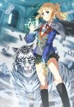  1girl airi_(world_order) blonde_hair cape card official_art pointy_ears tiger ueda_yumehito white_tiger world_order 