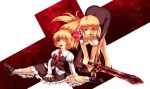  1girl blonde_hair breasts dual_persona ex-rumia frilled_skirt frills hair_ribbon leaning_forward looking_at_viewer masakaze_ryou necktie open_mouth red_eyes ribbon rumia skirt smile sword touhou weapon 