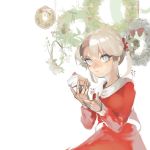  1girl blonde_hair blue_eyes cake christmas_ornaments food looking_at_viewer original pastry simple_background solo twintails white_background wntame 