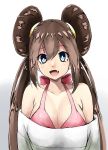  1girl bare_shoulders blue_eyes breasts brown_hair cleavage double_bun fang large_breasts long_hair mei_(pokemon) no_hat off-shoulder_sweater open_mouth pokemon pokemon_(game) pokemon_bw2 smile solo swimsuit swimsuit_under_clothes torieto 
