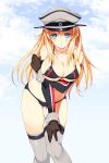  1girl bikini bismarck_(kantai_collection) black_bikini blonde_hair blue_eyes blush breast_hold breasts detached_sleeves hat headgear kantai_collection large_breasts long_hair looking_at_viewer open_mouth peaked_cap solo swimsuit tamiya_akito thigh-highs wrist_cuffs 