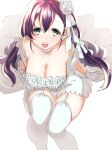  1girl :d breasts choker cleavage dress earrings garter_straps gloves green_eyes hair_ribbon highres hohehohe jewelry looking_at_viewer love_live!_school_idol_project low_twintails open_mouth ribbon sitting smile solo teeth thigh-highs toujou_nozomi twintails violet_eyes wedding_dress white_gloves white_legwear 