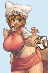  1girl blonde_hair blush breasts chanta_(ayatakaoisii) chen chen_(cosplay) fox_tail hat hat_with_ears huge_breasts midriff multiple_tails open_mouth ripping shirt skirt skirt_set solo tail undersized_clothes vest yakumo_ran 
