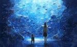  1girl aquarium blue fish from_behind kneehighs nomiya_(no_38) original school_uniform serafuku solo standing stuffed_animal stuffed_toy teddy_bear 