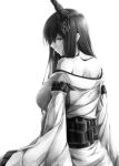  1girl bare_shoulders breasts detached_sleeves from_behind fusou_(kantai_collection) headgear japanese_clothes kantai_collection kimono kimono_pull long_hair looking_back monochrome nontraditional_miko sitting solo suien 