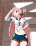  1girl akashi_(kantai_collection) blush green_eyes hair_ribbon highres hip_vent kantai_collection long_hair looking_at_viewer midriff navel open_mouth pink_hair ribbon school_uniform serafuku shirt_lift skirt sleeves_pushed_up solo spaghe sweat tress_ribbon twintails 