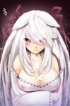 1girl absurdres bare_shoulders blush breasts cleavage crossed_arms detached_sleeves hair_between_eyes hair_ribbon highres large_breasts long_hair looking_at_viewer mole mole_under_mouth off-shoulder_dress original ribbon silver_hair solo torieto violet_eyes 