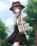  1girl bag bow brown_hair drink hat hat_bow red_eyes shirofox shoulder_bag sleeveless solo starbucks straw touhou usami_sumireko 