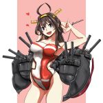  1girl arms_up brown_hair cannon collarbone competition_swimsuit grey_eyes headgear heart highres interlocked_fingers kantai_collection kongou_(kantai_collection) long_hair machinery one-piece_swimsuit open_mouth smile solo swimsuit yaruku 