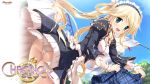  1girl :d aqua_eyes ass blonde_hair blush breasts chrono_clock clothesline dorothy_davenport dutch_angle fang highres koku long_hair looking_at_viewer maid maid_headdress official_art open_mouth sky smile solo twintails very_long_hair wallpaper white_legwear wrist_cuffs 