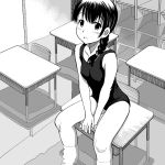  1girl braid long_hair meow_(nekodenki) monochrome original school_swimsuit sitting swimsuit 