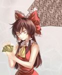  1girl ascot bare_arms bow brown_eyes brown_hair dress eredhen hair_bow hair_tubes hakurei_reimu long_hair money red_dress sleeveless sleeveless_dress smile solo symbol-shaped_pupils touhou translated yen_sign 