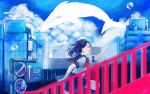  1girl black_legwear blue building cityscape clenched_hand closed_eyes clouds crying flying_whale glass highres kneehighs maydell necktie open_mouth original pleated_skirt red red_necktie road_sign running school_uniform serafuku short_sleeves sign sketch skirt sky solo stairs tears whale 