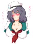  1girl aqua_eyes black_hair blush breasts collarbone embarrassed hat murasa_minamitsu open_collar sailor_collar sailor_hat solo sweatdrop touhou white_background yokoshima_(qb74pnkp) 