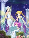  amg192003 bishoujo_senshi_sailor_moon blonde_hair blue_eyes bracelet breasts broken butterfly_wings chibi_usa cleavage column double_bun dress earrings facial_mark family flower forehead_mark highres ivy jewelry long_dress long_hair petals pillar pink_hair plant princess_serenity queen_serenity red_eyes skirt_hold sky small_lady_serenity star_(sky) starry_sky strapless_dress tsukino_usagi twintails very_long_hair white_dress white_hair wings 