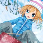  absurdres blue_eyes brown_hair choujigen_game_neptune derivative_work highres jacket mountain neptune_(series) planeptune rom_(choujigen_game_neptune) short_hair sledding snow winter_clothes 