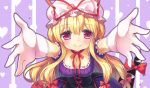  1girl blonde_hair blush bow breasts cleavage corset dress elbow_gloves gap gloves hair_bow hat hat_bow heart heart_background long_hair looking_at_viewer outstretched_arms ribbon silver15 smile solo spread_arms touhou violet_eyes white_gloves yakumo_yukari 
