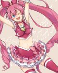  1girl ;d arms_up blue_eyes blush brooch choker cure_melody frilled_skirt frills heart highres houjou_hibiki jewelry long_hair magical_girl midriff msn_png musical_note navel one_eye_closed open_mouth pink_hair pink_legwear pink_skirt precure skirt smile solo suite_precure thigh-highs twintails 