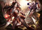  2girls armor black_hair blade blurry breasts cleavage depth_of_field double_bun ear_protection energy_ball fighting forehead_jewel forehead_protector gloves hair_ornament highres irelia league_of_legends liuruoyu8888 long_hair looking_at_another multiple_girls orb pauldrons revealing_clothes silver_hair syndra thighs vambraces very_long_hair violet_eyes weapon 
