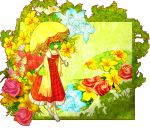  1girl adapted_costume breasts cleavage dress flower green_hair hat kazami_yuuka koorogi_(misstext) parasol plaid plaid_dress red_eyes scarf short_hair smile solo touhou umbrella 