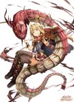  1girl bangs blonde_hair blunt_bangs book boots cagliostro_(granblue_fantasy) cape crossed_legs crown frilled_skirt frills granblue_fantasy grin highres iroia long_hair looking_at_viewer sitting skirt smile snake spikes stabbed sword thigh-highs violet_eyes weapon 
