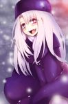  1girl blush fang fate/stay_night fate_(series) fur_hat georgian_clothes hat highres illyasviel_von_einzbern jacket long_hair long_skirt open_mouth papakha red_eyes skirt skirt_tug smile solo torieto white_hair wind_lift 