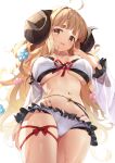  1girl ahoge anila_(granblue_fantasy) arm_behind_back bangs bikini blonde_hair breasts chiro_(norishiro_michiro) commentary_request curled_horns draph front-tie_bikini front-tie_top granblue_fantasy hand_up highres horns large_breasts long_hair looking_at_viewer open_mouth red_ribbon ribbon ribbon-trimmed_bikini sheep_horns short_eyebrows simple_background solo standing swimsuit thick_eyebrows white_background yellow_eyes 