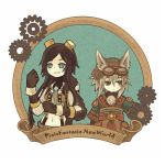  1boy 1girl animal_ears blue_eyes brown_eyes brown_hair frame gears goggles goggles_on_head green_eyes grey_hair looking_to_the_side midriff multicolored_eyes navel original payot pixiv_fantasia pixiv_fantasia_new_world satsumai scroll short_hair_with_long_locks smile suspenders upper_body 