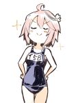  &gt;:) 1girl ahoge cosplay i-58_(kantai_collection) i-8_(kantai_collection) i-8_(kantai_collection)_(cosplay) kantai_collection name_tag one-piece_swimsuit pink_hair school_swimsuit short_hair solo sumisu_(mondo) swimsuit 