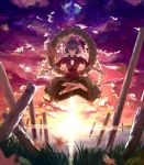  1girl backlighting breasts clouds cloudy_sky eredhen grass grin hair_ornament highres indian_style juliet_sleeves lake leaf_hair_ornament levitation long_sleeves looking_at_viewer mirror onbashira outstretched_arms puffy_sleeves purple_hair red_eyes rope sandals shide shimenawa short_hair sitting skirt sky smile solo spread_arms sunset toenail_polish touhou yasaka_kanako 