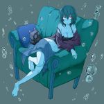  1girl armchair bare_shoulders blanket blue_hair blue_skin bottomless breasts chair cleavage collarbone cushion grey_background looking_at_viewer mask mask_removed navel ninjunker off_shoulder original red_eyes short_hair simple_background sitting solo underwear water 