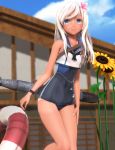 3d blue_eyes crop_top flower hair_flower hair_ornament highres jewelry kantai_collection legs lifebuoy long_hair mikumikudance ring ro-500_(kantai_collection) school_swimsuit smile sunflower swimsuit tan tanline torpedo white_hair 
