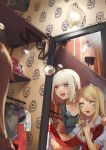  2girls :d blonde_hair blue_eyes breasts choker cleavage clothes_hanger dress highres mannequin mirror multiple_girls open_mouth original red_eyes smile teeth white_hair wntame 