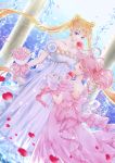 2girls bare_shoulders bishoujo_senshi_sailor_moon blonde_hair blue_eyes bouquet bow chibi_usa closed_eyes collarbone crescent double_bun dress facial_mark flower forehead_mark hair_ornament hairclip kairi_(oro-n) long_hair mother_and_daughter multiple_girls pink_bow pink_dress pink_hair pink_rose princess_serenity red_rose rose short_hair small_lady_serenity smile strapless_dress tsukino_usagi twintails white_bow white_dress white_rose 