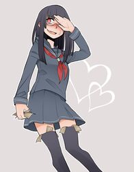  1girl black_hair blush covering_face full-face_blush glasses heart heart-shaped_pupils hime_cut money ninjunker original pleated_skirt red_eyes school_uniform serafuku simple_background skirt sweatdrop symbol-shaped_pupils thigh-highs 