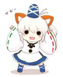  1girl :d arms_up chibi fang hat long_sleeves mononobe_no_futo open_mouth rei_(tonbo0430) simple_background smile solo touhou white_background wide_sleeves 