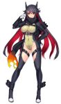  1girl black_eyes blush charizard full_body hand_on_hip heterochromia horns impossible_clothes katagiri_hachigou leotard long_hair looking_at_viewer multicolored_hair personification pokemon red_eyes scarf smile solo standing two-tone_hair very_long_hair 