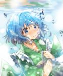  1girl blue_eyes blue_hair blurry blush bubble drill_hair frills head_fins japanese_clothes kimono long_sleeves mermaid monster_girl parted_lips shinoba short_hair solo tears touhou underwater upper_body wakasagihime wide_sleeves 