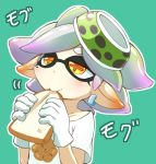  +_+ 1girl aqua_background bread bread_in_mouth domino_mask earrings eating food gloves hikimayu holding hotaru_(splatoon) jewelry mask mole mole_under_eye orange_eyes outline pointy_ears short_hair silver_hair simple_background solo splatoon symbol-shaped_pupils toast ukan_muri upper_body white_gloves yen_sign 