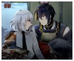  2boys black_necktie blue_hair gloves honebami_toushirou japanese_clothes male_focus mikazuki_munechika mizuhara_aki multiple_boys necktie sayagata short_hair silver_hair touken_ranbu unmoving_pattern white_border 