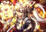  1girl bow fire fujiwara_no_mokou grin hair_bow highres long_hair one_eye_closed open_fly pants puffy_short_sleeves puffy_sleeves red_eyes shirt short_sleeves silver_hair smile solo suspenders touhou unzipped very_long_hair volcano_(liao) wrist_cuffs 