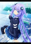  absurdres blue_eyes book bottle braid casual cherry_blossoms choujigen_game_neptune hair_ornament highres long_hair looking_at_viewer looking_back neptune_(series) plaid plaid_skirt planeptune purple_hair purple_heart resized skirt symbol-shaped_pupils twin_braids very_long_hair water_bottle 