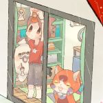  1boy amano_keita belt brown_hair cargo_pants cat chiyoko_(oman1229) closed_eyes ghost grey_pants jibanyan multiple_tails no_shoes notched_ear open_mouth pants purple_lips red_shirt shirt short_hair socks star t-shirt tail teruterubouzu tiptoes two_tails watch watch whisper_(youkai_watch) window youkai youkai_watch youkai_watch_(object) 