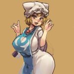  1girl blonde_hair breasts brown_eyes chanta_(ayatakaoisii) dress hat hat_with_ears large_breasts looking_at_viewer open_mouth pose smile solo tabard touhou white_dress wide_sleeves yakumo_ran 