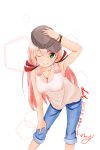 1girl akashi_(kantai_collection) blush breasts casual cleavage cross cross_necklace green_eyes hair_ribbon hand_on_headwear hat highres holding holding_hat kantai_collection long_hair looking_at_viewer one_eye_closed pink_hair ribbon smile solo tress_ribbon twintails yukai_nao 