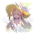  1girl :d blonde_hair champagne_glass dress hat jewelry long_hair necklace open_mouth original slit_pupils smile solo sun_hat teeth white_dress wntame wrist_cuffs 