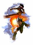  2boys amano-g battle black_hair crossover glowing glowing_eyes gon_freecss highres hunter_x_hunter jumpsuit male_focus motion_blur multiple_boys naruto rock_lee short_hair shorts spiky_hair zoom_layer 